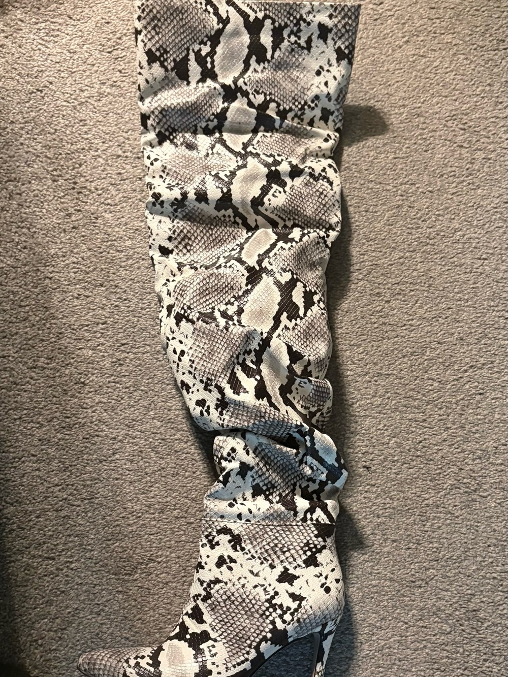 Snake-Print Over-the-Knee Heeled Boots - Black & White